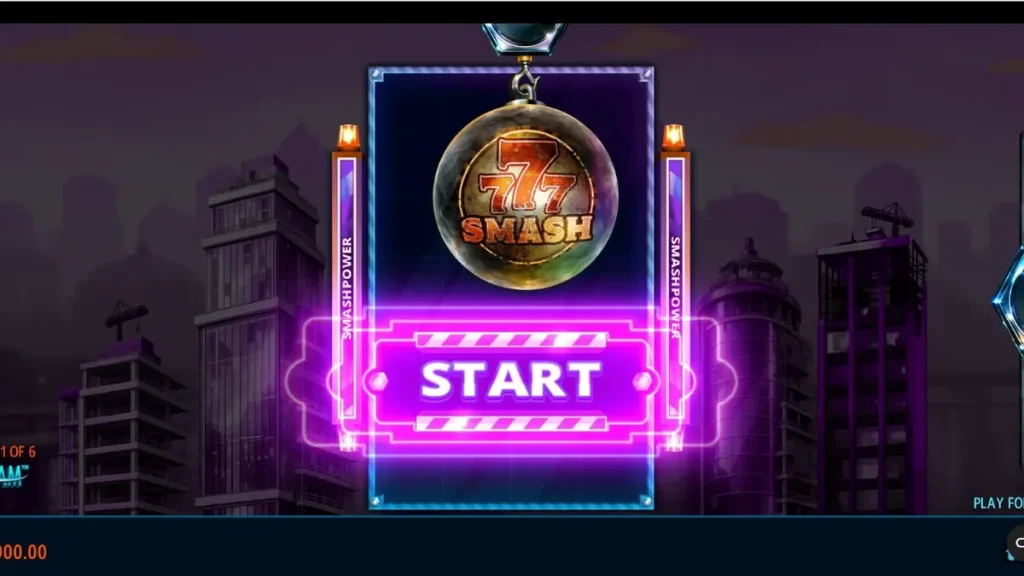 Tampilan visual slot 777 Smash dengan tema konstruksi industrial dan bola penghancur